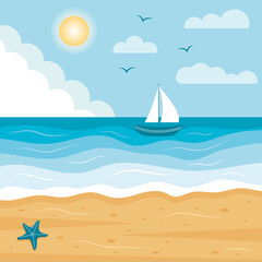 Seascape with sailboat and tropical beach with starfish. Paradise nature vacation, ocean or sea seashore.