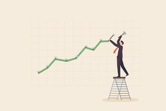 adjustments, Modifying investment portfolio from stock market crash,making bullish run concept.  .Businessman climbing up on a ladder to adjust an uptrend graph chart on a wall.
