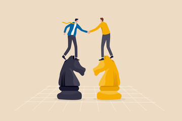 Negotiation skill to deal with competitor, agreement or partnership decision, collaboration strategy to success together concept, businessman leader shaking hand on knight chess metaphor of agreement.