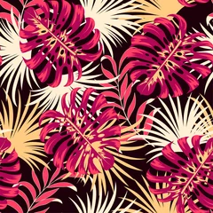 Abstraktes nahtloses tropisches Muster mit hellen Pflanzen und Blättern auf schwarzem Hintergrund. Hawaiianischer Stil. Tropenblätter in leuchtenden Farben. Tropische botanische. Trendiger sommerlicher Hawaii-Print. © EltaMax99