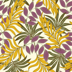 Abstract seamless tropical pattern with bright plants and leaves on a beige background. Summer colorful hawaiian. Modern abstract design for fabric, paper, interior decor.