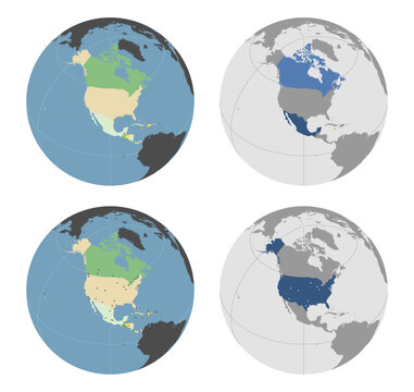 Round Globe Vector Map with North American Countries highlighted and Major Cities optionally mapped (see top and bottom). Any country combinations could be highlighted. North America Map. USA Map