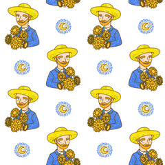 Seamless pattern with cartoon portrait of Van Gogh and sunflowers for Your design - 501334808