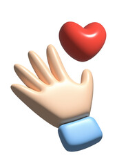 3D illustration of hand with red heart - concept of love and charity