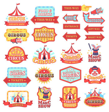 Vintage circus labels, fun entertaiment emblem collection