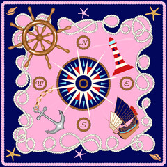 Silk scarf design with, rope, ship wheel, lighthouse, anchor, compass,  marine elements. Nautical frame, travel concept pattern. - 501335845