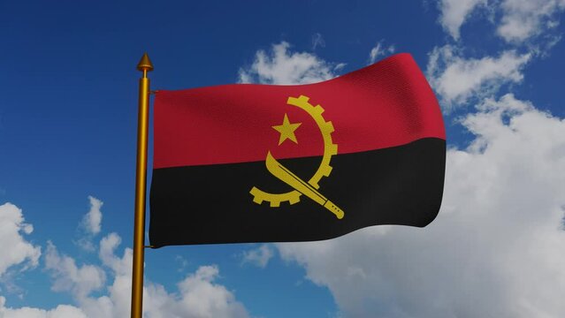 National flag of Angola waving 3D Render with flagpole and blue sky timelapse, Republic of Angola flag textile, Popular Movement for the Liberation of Angola MPLA