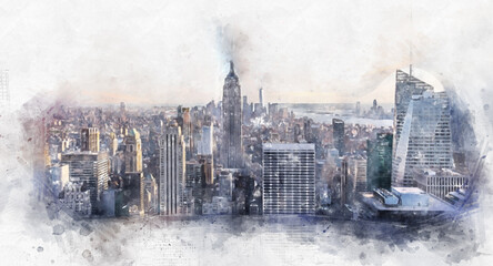 New York City Manhattan midtown aerial panorama view with skyscrapers and blue sky in the day, Digital watercolor painting 