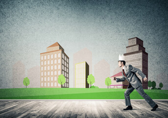 King businessman in elegant suit running and cityscape silhouette at background