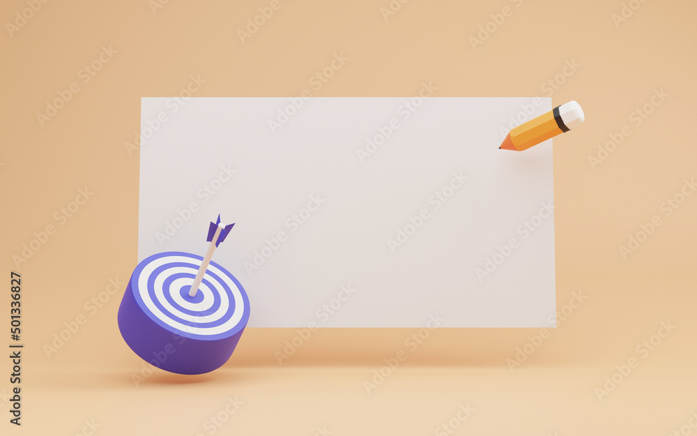 Aufkleber yellow pencil writing to white paper with dartboard for setup challenge business objective target an