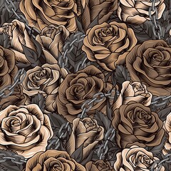 Fototapeta na wymiar Camouflage pattern with lush blooming brown roses, gray leaves, stainless chains. Dense composition with overlapping elements. Good for female apparel, fabric, textile, sport goods.