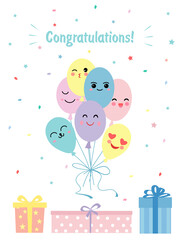 Balloons with congratulations inscription and gift boxes. Colorful balloons in kawaii style. Vector illustration isolated on white background.