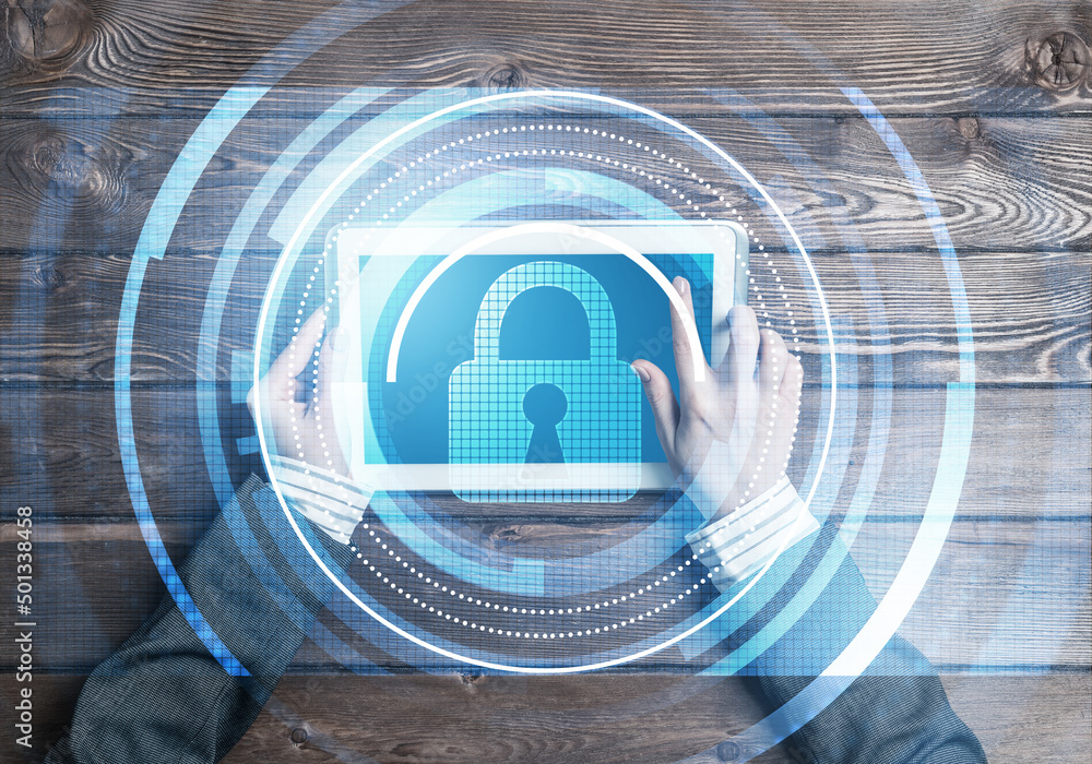 Poster concept of computer access with media lock icon on tablet screen