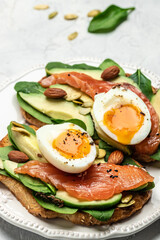 Toast salmon, avocado, cheese, egg, spinach, nuts and coffee, Healthy fats, clean eating for weight loss. Ketogenic diet breakfast. vertical image. top view. place for text
