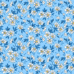 Cute floral pattern in the small flower. Seamless vector texture. Elegant template for fashion prints. Printing with small white flowers. Bright blue background. Stock print.