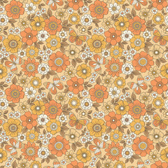 Colorful 60s -70s style retro hand drawn floral pattern. Beige orange colors flowers. Vintage seamless vector background. Hippie style, print  for fabric, swimsuit, fashion prints and surface design.