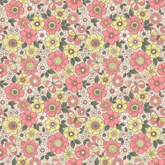 Beautiful vintage floral pattern in small abstract flowers. Small pale colorful flowers. Beige background. Liberty style print. Floral seamless background. The elegant the template for fashion prints.