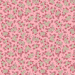 Floral pattern. Pretty flowers on pink background. Printing with small white flowers and bright pink leaves. Ditsy print. Seamless vector texture. Spring bouquet. Stock vector.