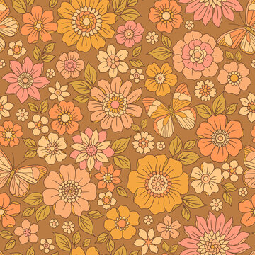 Vintage seamless floral pattern. Liberty style background of small pastel flowers. Small blooming flowers scattered over a beige background. Stock vector for printing on surfaces and web design.