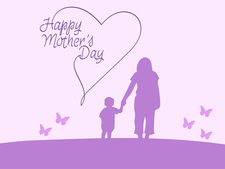 illustration of mother and child holding hands near happy mothers day lettering on purple.