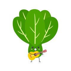 Leaves green salad cute character cartoon plays the guitar sings face happy emotions vector illustration.
