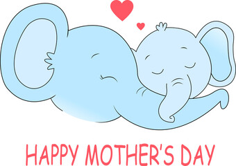 illustration of elephants with closed eyes near happy mothers day lettering on white.
