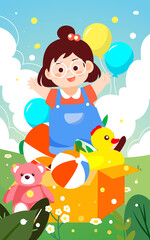 Obraz na płótnie Canvas Children day girl receives a lot of gifts and toys, plants and clouds in the background, vector illustration