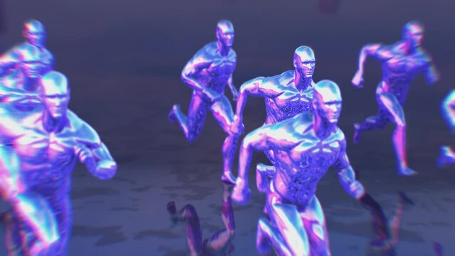 Retro Futuristic seamless background of a metal men running in a grid laser landscape