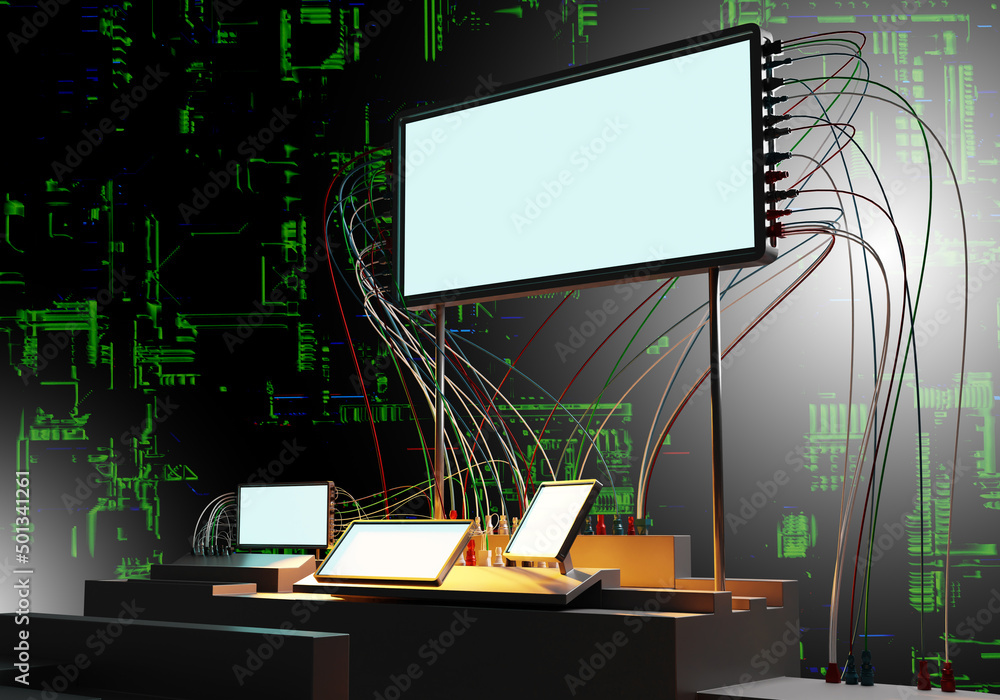 Poster it mock up. internet technologies. white displays with wires. visualization of hacker's workplace. i
