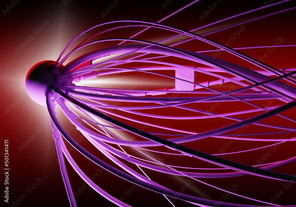 Poster digital mind. lot of wires are connected to ball. background with digital mind. cables from electron