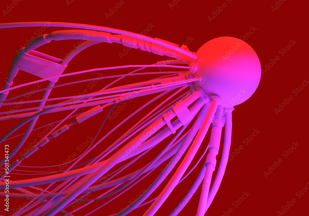 Poster artificial intelligence. wires are connected to ball. artificial intelligence brain on red. digital 