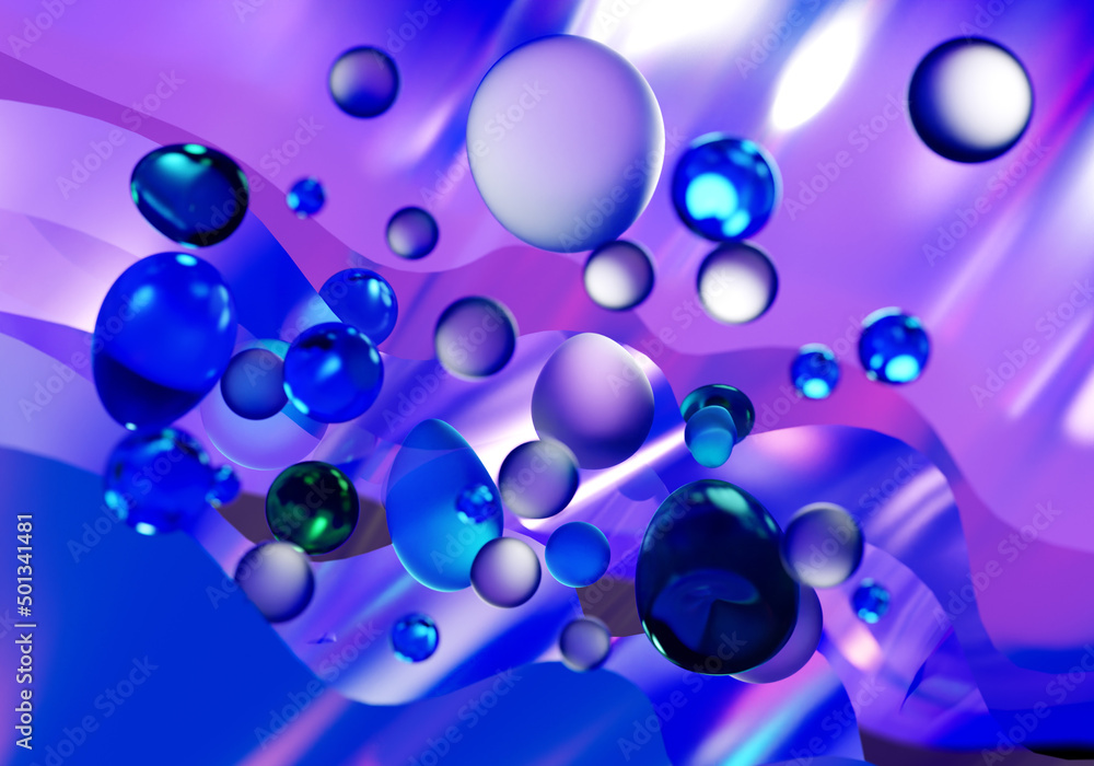 Poster abstract neon background. bubbles in neon light. water distorted bubbles on purple. abstract three-d