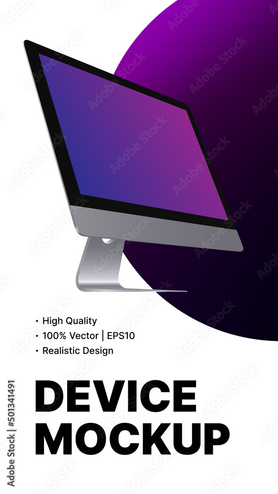 Poster computer monitor vertical mockup. realistic pc side view with gradient screen on white background. v