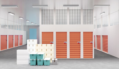 Rental storage room. Warehouse corridors. Plastic and cardboard boxes on ground. Orange doors in storage room. Long-term safekeeping of personal items. Storage container. 3d rendering.