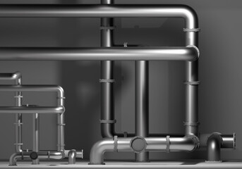 Boiler pipes. Engineering communications service concept. Visualization of technical room with pipes of different diameters. Twisted pipeline near wall. Background with boiler pipes. 3d rendering.