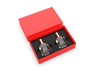 Blank perfume bottles in hard gift box for branding, 3d render illustration.