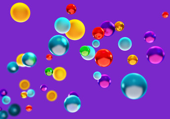 Rainbow wallpaper. Abstract bubbles of bright colors. Purple wallpaper with bubbles. Bubbles with selective focus. Wallpaper for desktop background. Three-dimensional geometric balls. 3d rendering.