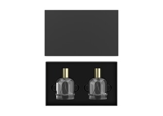 Blank perfume bottles in hard gift box for branding, 3d render illustration.