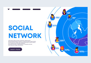 Vector illustration of a banner template for a website, social network concepts around the world, networks of communication between people, avatars of users around the world