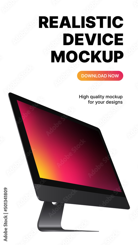 Poster vertical computer mockup. monitor side view with gradient screen on white background. vector illustr