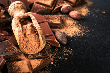 Chocolate and cocoa powder. Composition of cocoa powder, grated and bean cocoa bars and pieces of...