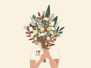 illustration of person in i love you mom t-shirt holding bouquet of flowers.