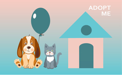 Pet shop icon, poster, banner design template. Vector cartoon illustration of dog, house, food.