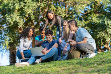 Fototapeta premium Group of teenage friends looking at laptop in the park on green grass