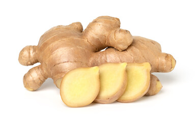 Close up, Fresh ginger rhizome with slice isolated on white background, cut out