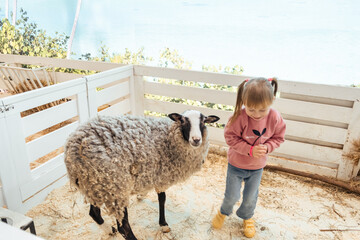 little caucasian girl is smiling next to a sheep in the zoo