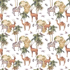 Tapeten African fauna seamless pattern. Exotic animals and plants wallpaper design. Repeating safari texture © ldinka
