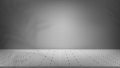 3D Studio room with palm leaf shadow on wooden panel with grey wall cement background.Vector illustration banner with leaves branches shadow on wood floor.Empty Showroom shoot backdrop for advertising