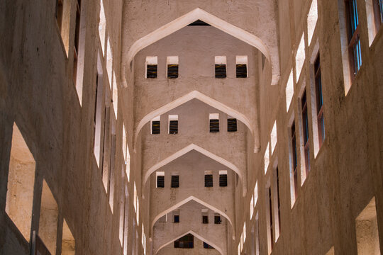 Doha, Qatar, April 22,2022: Night views of the traditional Arabic architecture of Souq Waqif Market.
