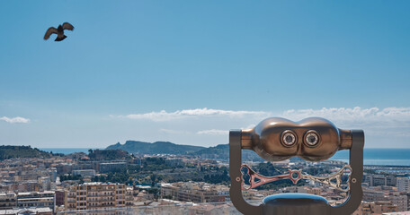 Panoramic aerial view of Cagliari and binoculars or telescope from old City - Sardinia